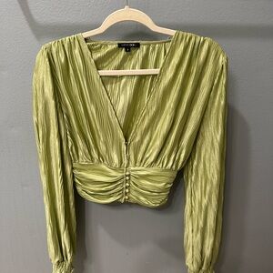 Light Green Pleated V-Neck Crop Blouse
